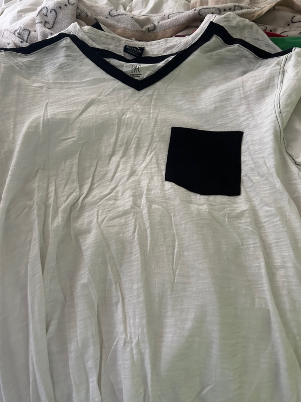 INC International Concepts White V-Neck Tee with Black Trim and Pocket